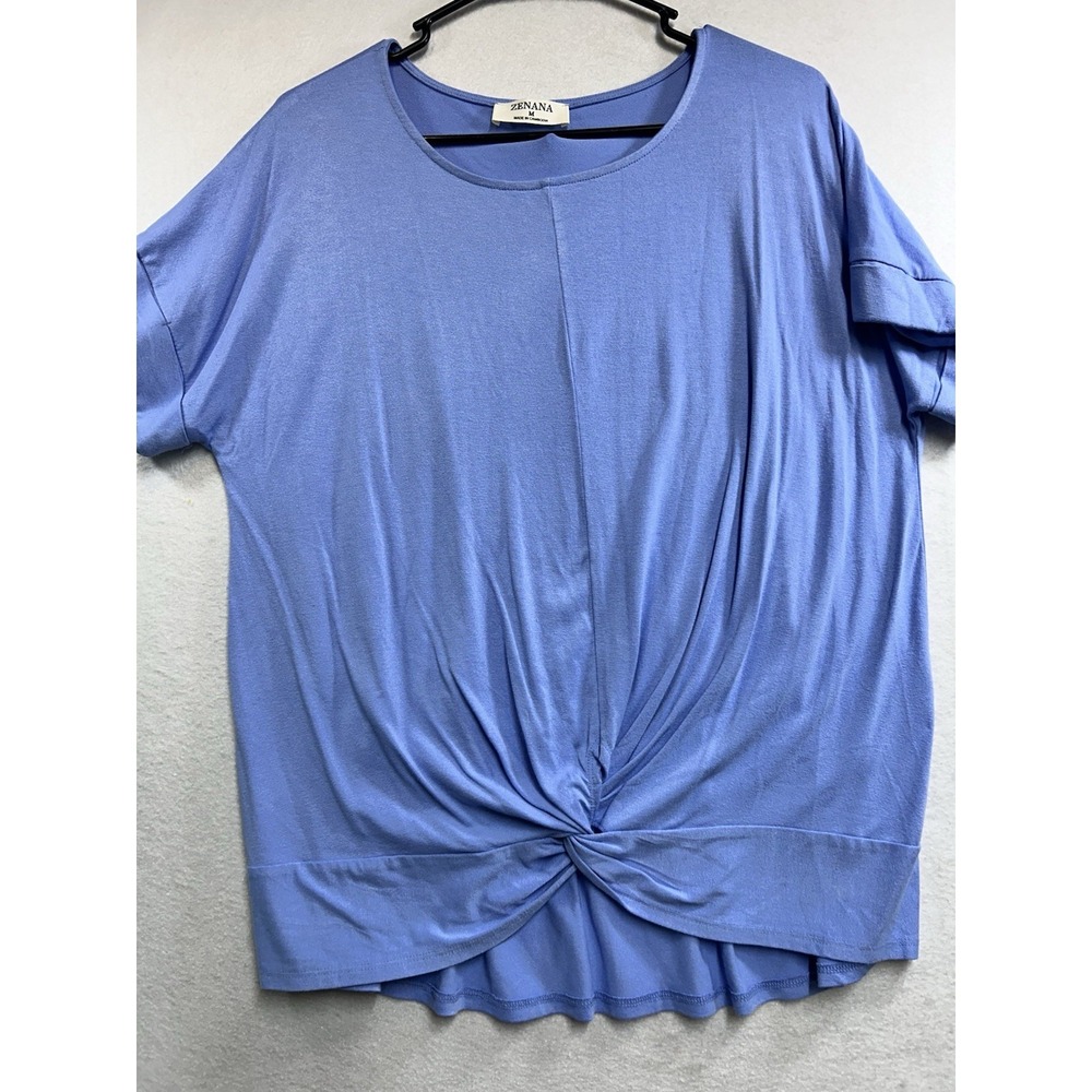 Zenana Women's M Blue Solid Knit Knot Front Round Neck Short Sleeve Pullover